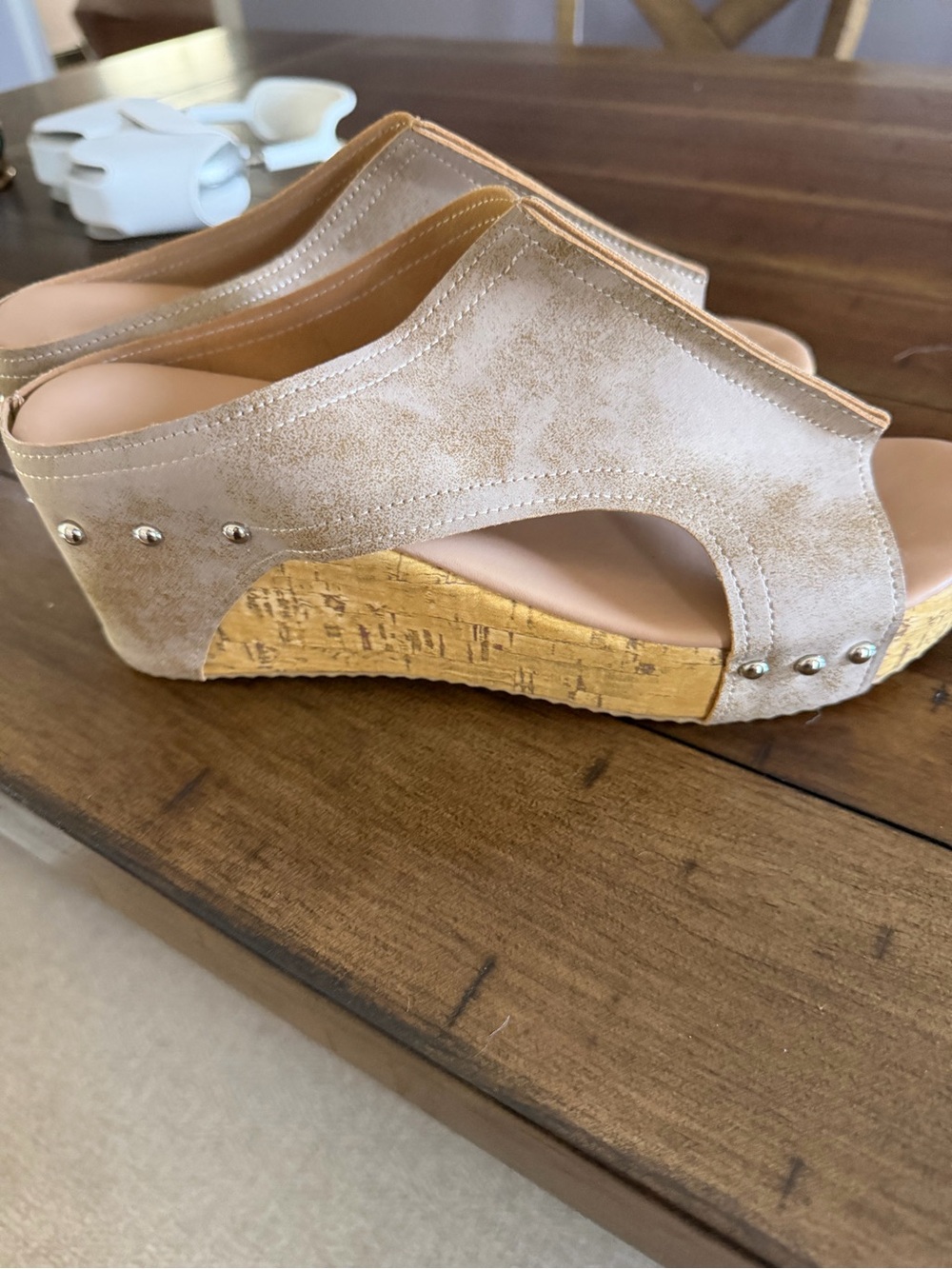 SHEIN Tan Suede Wedge Slide Sandals with Cork Platform